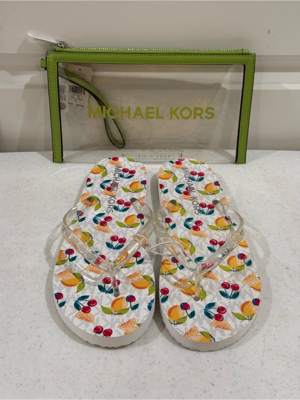 NEW Michael KORS Signature Tropical Fruit Print Wristlet & Sandal Set